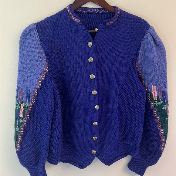 Handmade Button Down Floral Textured Knit Sweater Wide Puffy Shoulders SZ M - Picture 13 of 13